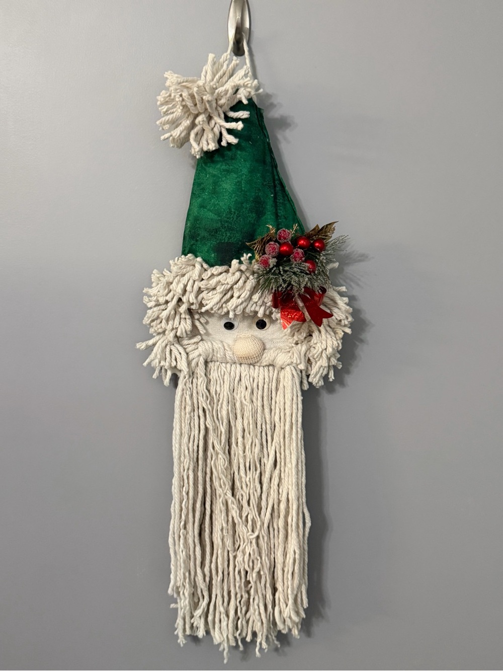 Self Made Holiday Yarn Santa Wall Hanging with Green Hat